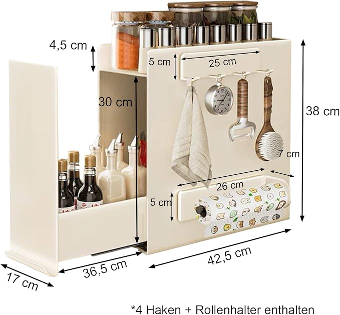 2-Tier Countertop Pull Out Spice Rack with Sliding Drawer, Cream | No Assembly, Magnetic Side Panels, Tall Bottle Storage, Ball-Bearing Slides, Paper Towel Holder and 4 Hooks, Carbon Steel - Image 2