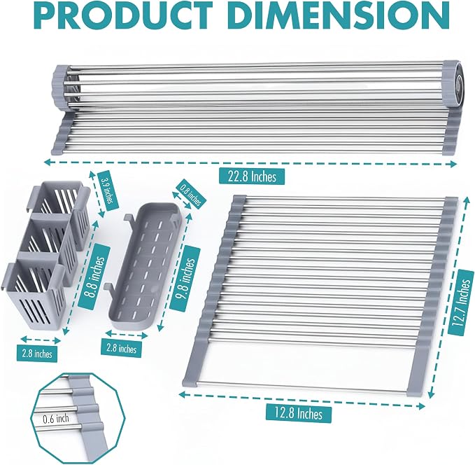 Havenity™ Expandable Roll Up Dish Drying Rack for Small Sinks - Expandable 12.8 to 22.8 Inch Over Sink Rack, Fits Apartments, RVs and Office Kitchens, Stainless Steel, 2 Baskets - Image 3