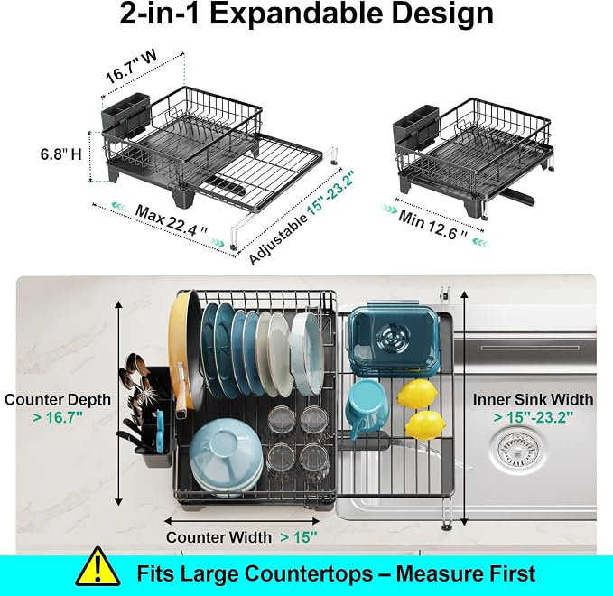 GSlife Expandable Dish Drying Rack - Over Sink & Countertop Use, Black | 12.6"-22.4" Adjustable Length, Extra Drying Space, Auto-Drain Spout, Large-Capacity, Removable Utensil Holder, Rust-Resistant - Image 5