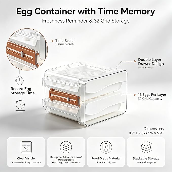 Sooyee Egg Holder for Fridge,2 Drawers 32 Eggs Organizer for Refrigerator,Space-Saving Egg Container, Clear Acrliy 2-Tier Egg Tray Storage for Kitchen - Image 6