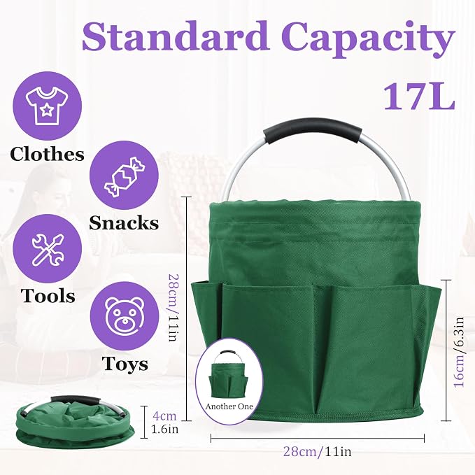 2-Pack Cleaning Supply Caddy with 6 Side Pockets, 17L Foldable Bucket Organizer Storage Tote with Handle, 600D Oxford Tool Bag for House, Dorm, Garden, Bathroom, Green - Image 2