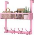 Consumest Over The Door Hooks Organizer - 2 Tier Over Door Hanger with 16 Hooks & 2 Baskets for Hanging Coat, Clothing, Towel, Back Storage for Bathroom, Closet, College Dorm, Pink by Consumest