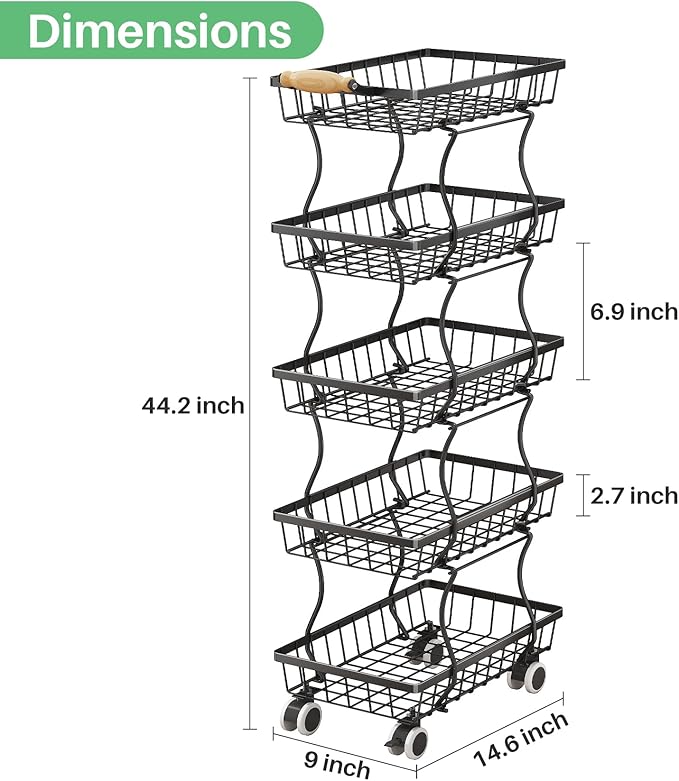 SAYZH 5-Tier Fruit Basket Stand with Vegetable Baskets for Kitchen, Black | Stackable Metal Wire Basket, Sturdy Rolling Storage Carts for Kitchen, Pantry Organizer, Snack and Jar Storage - Image 3