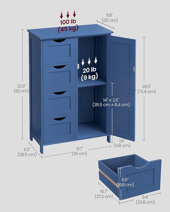 VASAGLE Floor Storage Cabinet, Farmhouse, 4 Drawers and 1 Door,32.3" H | Freestanding Organizer Unit, Kitchen, Bathroom, Living Room, Bijou Blue, SOFIE Collection ULHC041QE02 - Image 6