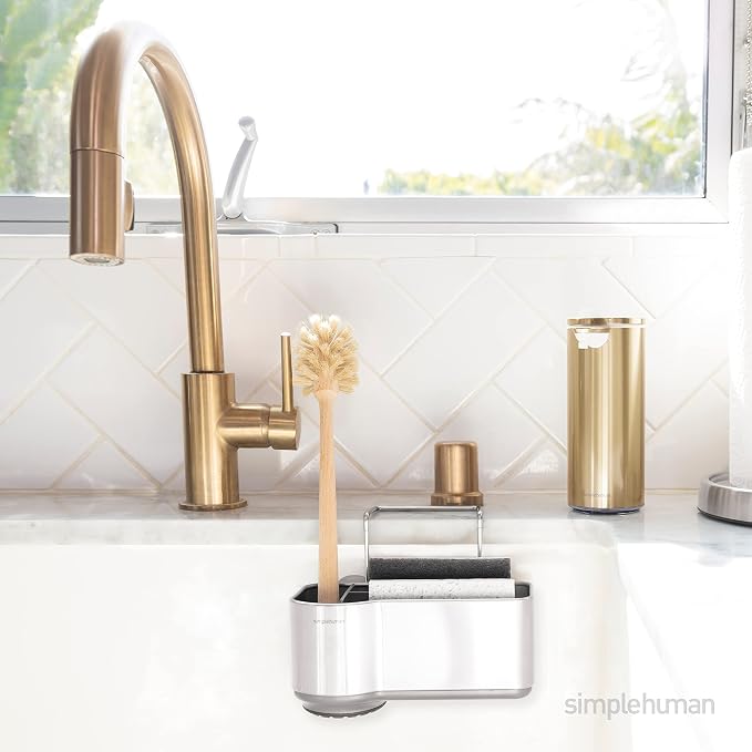 simplehuman Sink Caddy, Sponge Holder for Kitchen Sink with Compartment Dividers, 4 Suction Cups & Wire Ledge Hanger for Secure Mount, Vented Base for Fast Drying, Brushed Stainless Steel - Image 3