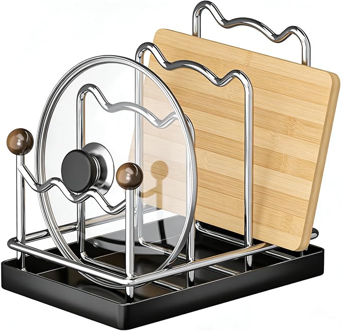 Pot Lid Organizer Cutting Board Holder with Removable Tray -Black | 3-Slot Kitchen Pot Lid Storage Rack Chopping Board Holder for Countertop, 8.2 x 5.1 x 7.2 in by NeatHouse