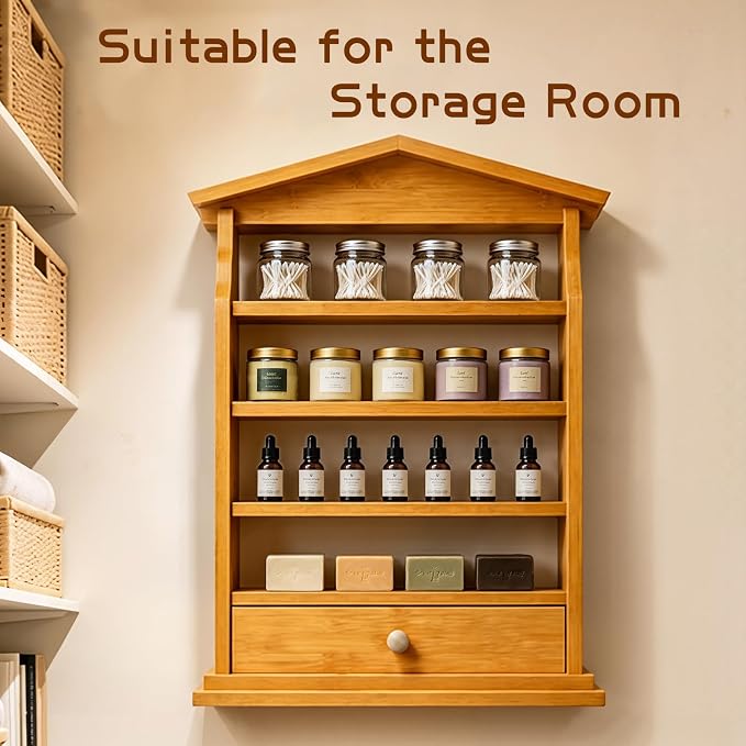 Natural Wood Spice Rack Wall Mount – 4-Tier Wooden Kitchen Organizer with Drawer, Holds 24 Small Spice Jars, Decorative Wall Display Shelf - Image 5