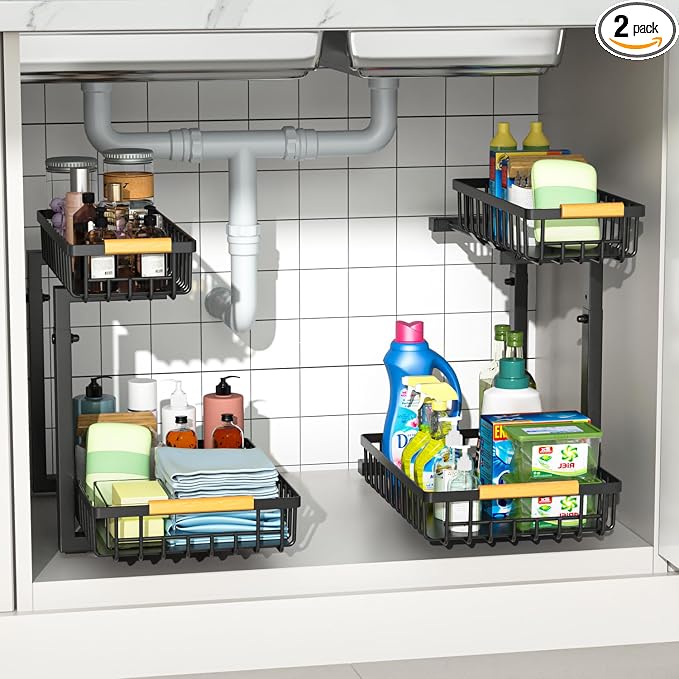 Merrylun Under Sink Organizers,5 Adjustable Height，Metal Pull Out Under Sink Organizers and Storage Shelves with Sliding Drawer, Black, 2 Pack（Hight 13.6″-16.9″） by Merrylun