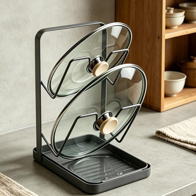 BEEFLYING Pot Lid Holder Organizer for Countertop with Tray, Gray | Holds 2 Pot Lids, 7.17*5.39*8.86In, Carbon Steel for Cooking Stove Top Kitchen Counter Cabinet Blanched - Image 3