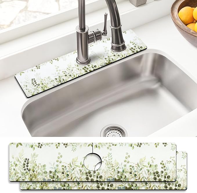 Sink Faucet Absorbing Mat, 2 Pack Drying Mat Around Faucet Sink Splash Guard Behind Faucet Sinkmat For Kitchen Bathroom Island Rv 24 * 5.5 Inch (60 * 14 cm) by BathtubMat