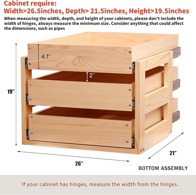 Pull Out Cabinet Organizer 26''W×21''D×19''H Slide Out Drawer | Soft Close Wood Kitchen Pullout Drawers for Cabinets Shelves for Kitchen, 3-Tier, Finished, Heavy-Duty, Bottom Assembly - Image 3