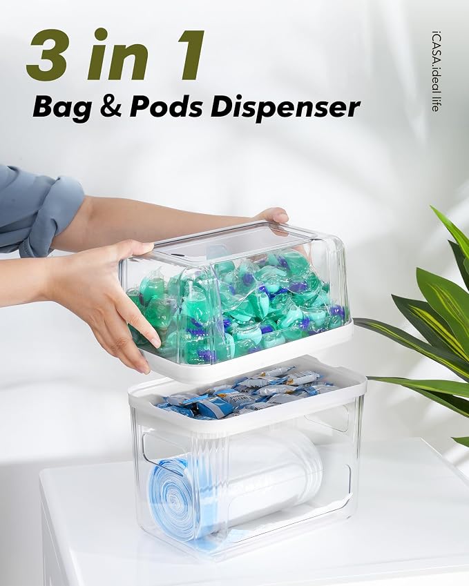 iCASA Trash Bag Dispenser Dishwasher Pods Container Under Sink Organizer | 3 in 1 Stackable Trash Bag Holder Garbage Bag Dispenser for 13/30/33 Gallon Bags, Clear Storage Bins Laundry Pods Container - Image 2