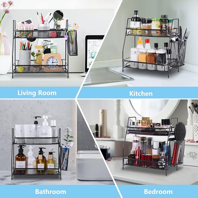 2-Tier Bathroom Countertop Organizer,Skincare, Makeup Countertop Organizers, Kitchen, Bathroom Counter Storage with Small Basket (Black) - Image 6