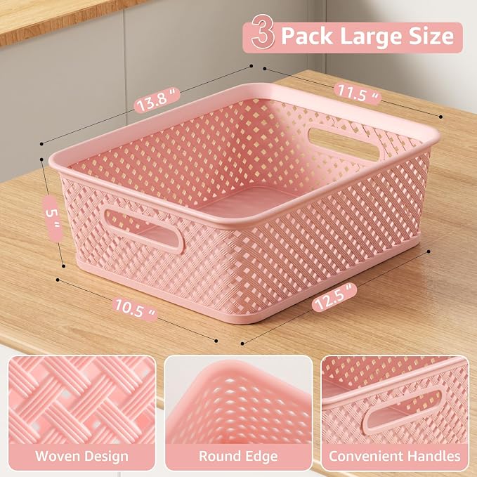 MaxGear 3 Pack Plastic Storage Baskets, Large, Pink | Durable Woven Plastic with Built-In Handles, Suitable for Shelves, Closets, Cabinets, Bathrooms and Offices - Image 6