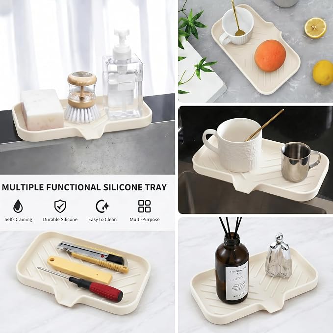 MicoYang Silicone Soap Dish with Drain Spout — Self-Draining Sink Organizer Tray for Bathroom & Kitchen, Sponges, Dispensers & Soap Holder, Non-Slip & Dishwasher Safe, Tapioca (Medium, 9.6"×5.3") - Image 5