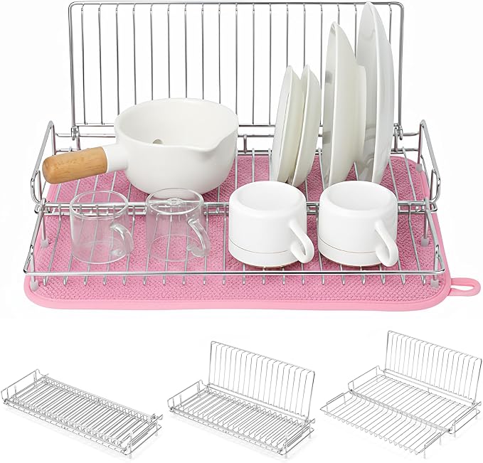 Collapsible Dish Drying Rack, Stainless Steel Dish Rack for Small Kitchens | JM.JEEMI Foldable Dishes Drainer with Pink Drying Mat, 15.8"x12.7" Space Saving Countertop Organizer for Dorm & Apartment by JMJEEMI