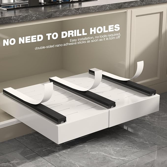 Seinloes 2 Pack Pull Out Cabinet Organizer 18" Deep,Full Extension 3 Slide Rails Slide Out Drawers With Raising Pad for Framed Cabinets,Expandable Width (12.3"-20.5"),No Drill Roll Out shelf,White - Image 8