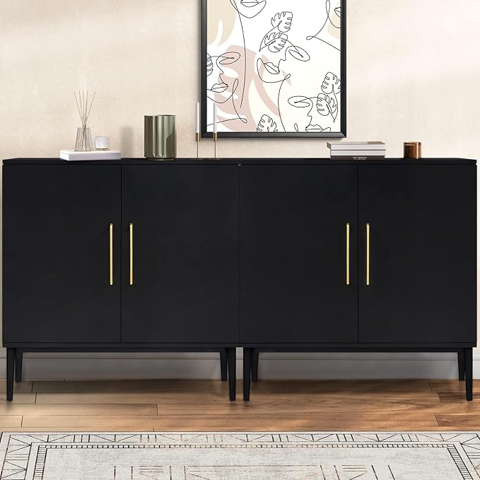Set of 2 Black Storage Cabinet with Doors, Modern Accent Cabinet, Free Standing Cabinet with Adjustable Shelf, Wooden Buffet Sideboards for Living Room, Kitchen, Dining Room, Entryway by REHOOPEX