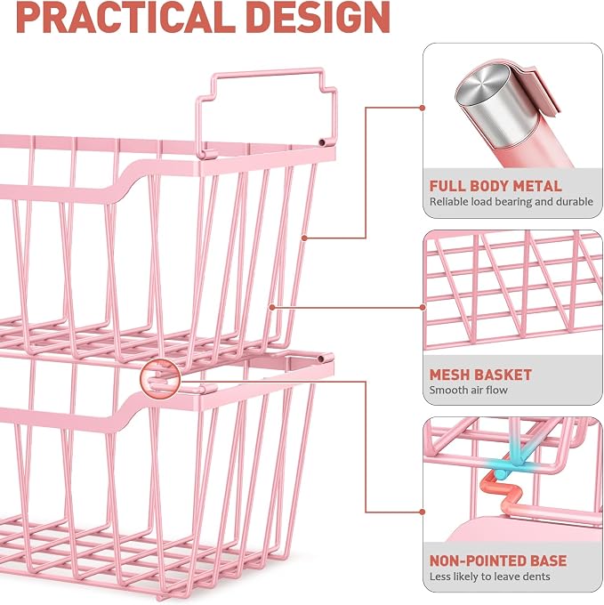 Goovilla Freezer Organizer Bins for 5-7 Cu.FT Chest Freezer, 8 Pack Pink | Foldable Handle Stackable Freezer Baskets, Coated Metal Freezer Storage Bins with Better Space Utilization, Deep Organization - Image 2