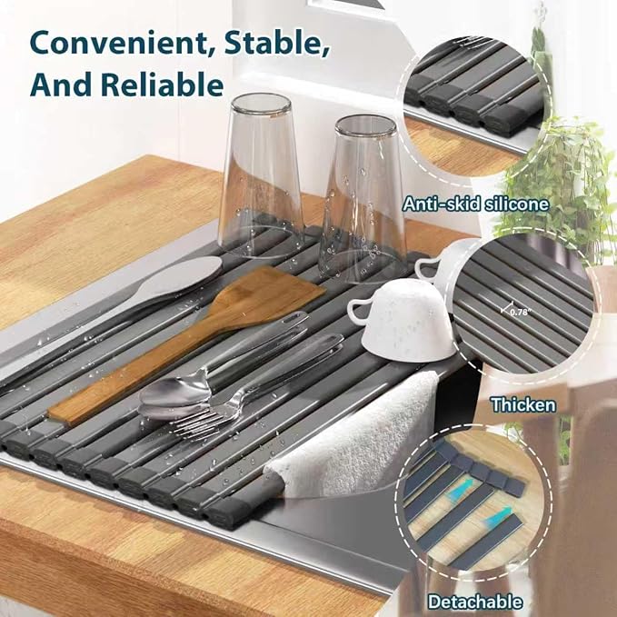 KABUM 17.72x11.81 Heavy-Duty Aluminum Alloy Roll Up Dish Drying Rack | Food-Safe Coating with Anti-Skid Silicone, Extra Wide Thickened Sink Drying Rack for Kitchen Counter, Space-Saving Organizer - Image 4