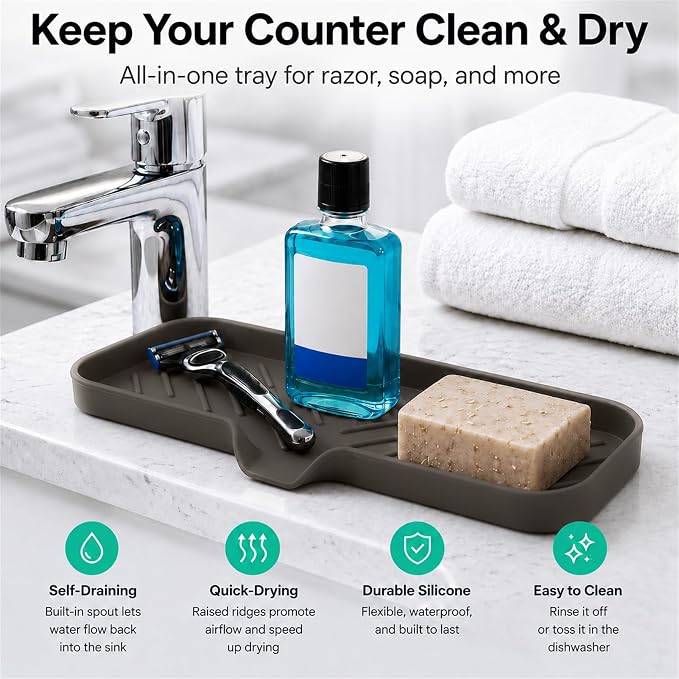 MicoYang Silicone Soap Dish with Drain Spout — Self-Draining Double Sink Organizer Tray for Kitchen & Bathroom, Dispensers, Sponges & Soap Holder, Non-Slip & Dishwasher Safe, Coffee (Large, 12"×4") - Image 8