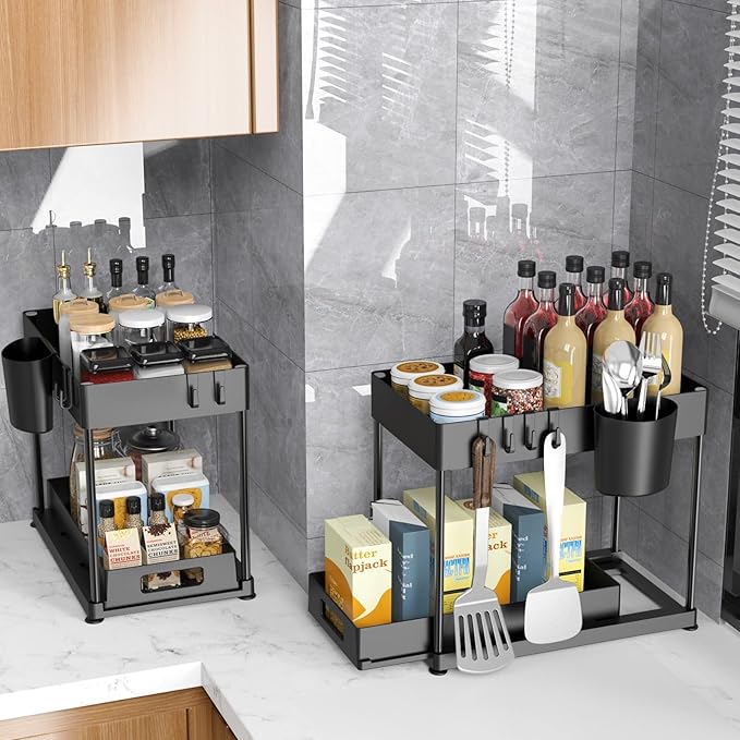 2 Pack Under Sink Organizer with Pull-Out Drawer, Black | 2-Tier Cabinet Storage, Kitchen & Bathroom, Tool-Free Assembly, Fits Cleaning Supplies & Toiletries, Space Saving - Image 5