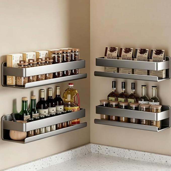 Adhesive Wall Mount Spice Rack Organizer, No-Drill Carbon Steel Spice Storage Shelf for Kitchen Cabinet, RV Camper, and Bathroom Counter, Multi-Purpose Wall Shelf for Seasonings, and bathroom supplies by Unknown