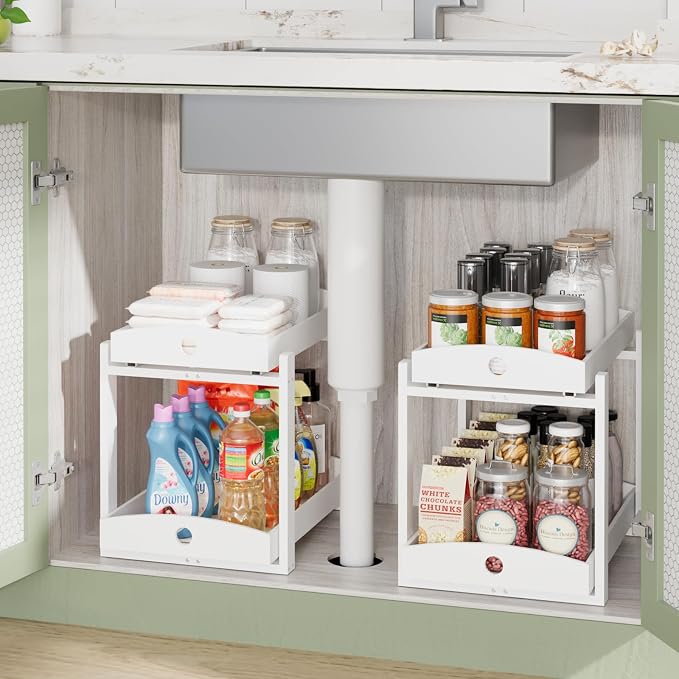 2 Pack Bamboo Under Sink Organizer, 2-Tier Pull-Out Drawers, Kitchen & Bath | Pull-out drawers keep cleaners and tall bottles visible, organized and easy to reach in kitchen or bathroom cabinets - Image 4