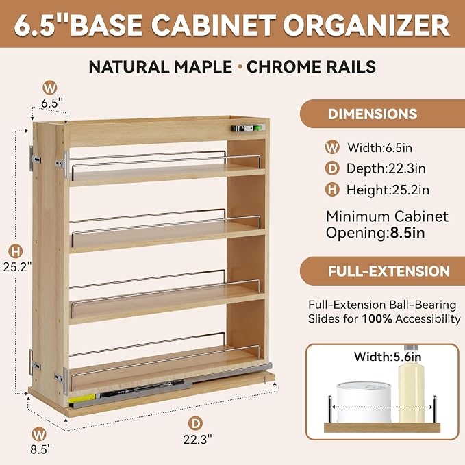 Pull Out Spice Rack Organizer for Cabinet (6.5" W x 22.3" D x 25.2" H), Sliding Spice Rack for Kitchen Cabinet, Wood Pull Out Cabinet Organizer for Multi-Use - Image 3
