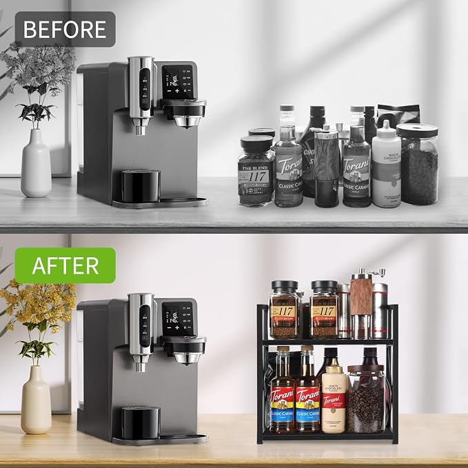 YINMIT Kitchen Countertop Organizer,Spice Rack,Coffee Bar Shelf Organizer | 2-Tier Coffee Station,Seasoning Storage,Syrup,Mug Cup,Bottle Holder,Bathroom Vanity,Pantry,Bedroom and Office,Black,Medium - Image 5