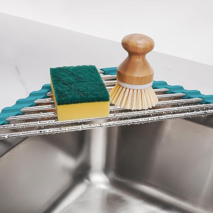 Tomorotec Triangle Roll-Up Dish Drying Rack for Sink Corner Small Foldable Stainless Steel Over The Sink Multipurpose Kitchen Drainer Caddy Organizer Storage Shelf Holder (Dark Green) | BPA-Free Food-Grade Silicone Edges Foldable Waterproof Rustproof H... - Image 3