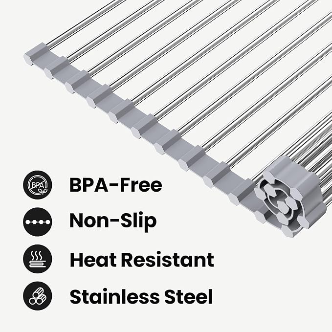 Dish Drying Rack, Roll Up Over The Sink Dish Drying Rack for Kitchen,17.5" x 15.7", Gray - Image 3