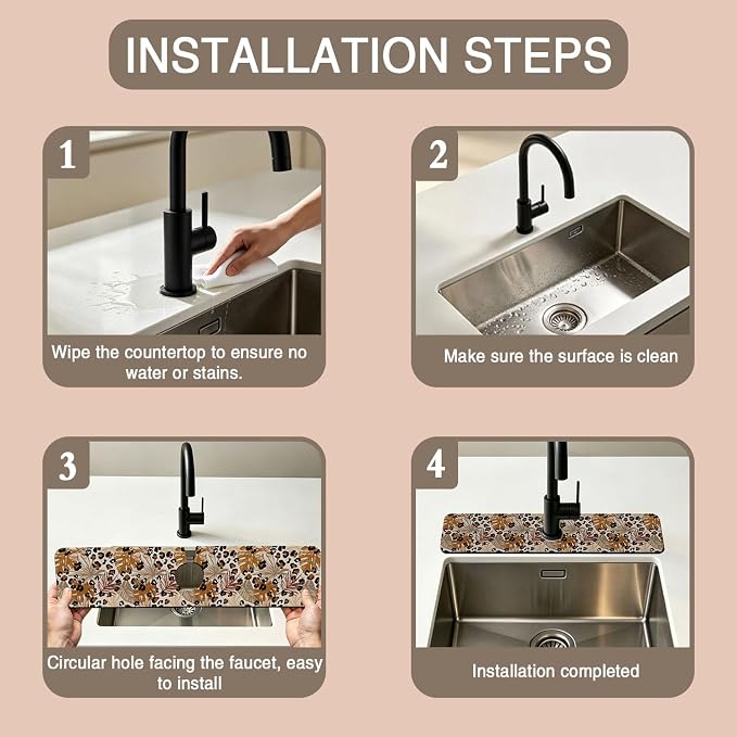 Kitchen Faucet Mat Brown Tropical Palm Leaf Sink Splash Guard Behind Faucet Draining Mat Kitchen Accessories Non-slip Easy to Clean for Bathroom & Kitchen 24"X5.5" - Image 4