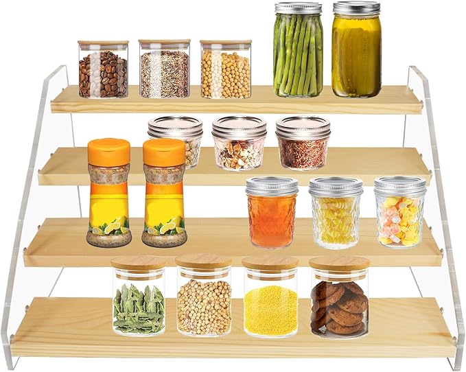 VAEHOLD Spice Rack Organizer for Cabinet & Countertop - Seasoning Organizer Spice Shelf - Space Saving Wooden Display Risers Shelf Showcase Fixtures Jewelry (4 Tier) by VAEHOLD