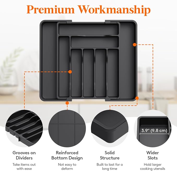 Lifewit Utensil Organizer for Kitchen Drawer, Expandable Cooking Silverware Tray, Adjustable Cutlery Flatware Holder, Plastic Spatula Tools Storage Divider, 11.8-19.6 x 15", Black - Image 6
