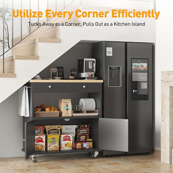 Rolling Kitchen Island with Folding Drop Leaf Breakfast Bar, 35.4'' W Kitchen Cart with Storage Cabinet and 2 Drawers, Portable Mobile Kitchen Island Table with Towel Rack, Lockable Wheels, Black - Image 8