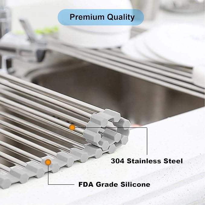 Searik Roll up Dish Drying Rack, Over The Sink Rolling Dish Drainer Rack Multipurpose Foldable Kitchen Stainless Steel Dish Rack Sink Drying Rack for Kitchen Sink Counter (17"x 15.7") - Image 3