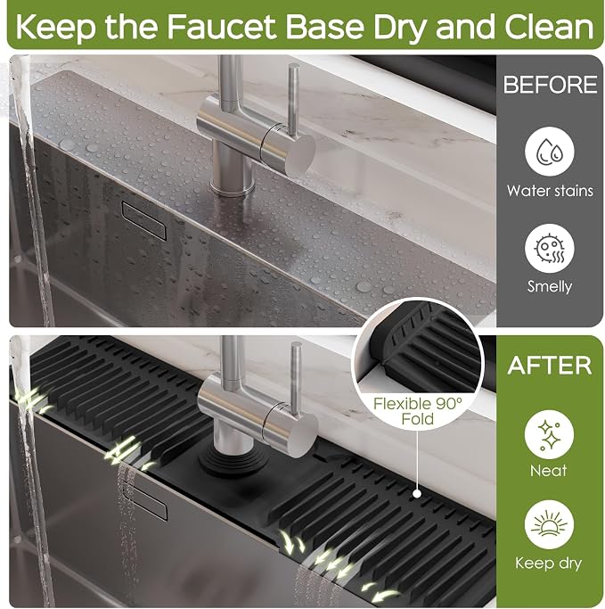 24 Inch Silicone Faucet Mat for Kitchen Sink Splash Guard – Upgraded Draining Mat with Water Tray Behind Faucet – Countertop Protectors to Catch Spills (Black, 24" x 5.5" ) - Image 3