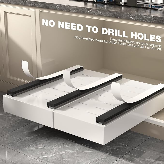 Seinloes 1 Pack Pull Out Cabinet Organizer 21" Deep,Full Extension 3 Slide Rails Slide Out Drawers With Raising Pad for Framed Cabinets,Expandable Width (12.3"-20.5"),No Drill Roll Out Shelves,White - Image 9