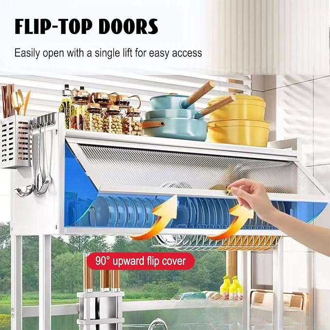 Over Sink Dish Drying Rack 2 Tier Stainless Steel Dish Drainer with Cover and Utensil Holders Large Capacity Space Saving Kitchen Organizer - Image 6