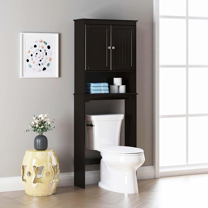 Spirich Over Toilet Storage Cabinet with Doors, Espresso Bathroom Organizer | FSC-Certified MDF, Raised Panel Doors, Adjustable & Open Shelves, Anti-Tip Mount, Fits Behind & Above Standard Toilets - Image 3