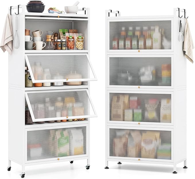 GIANTEX 5-Tier Kitchen Storage Cabinet, 4 PC Doors, Rolling Wheels (White) | Mobile Metal Pantry Cabinet with 4 Hooks & Adjustable Feet, Baker's Rack Microwave Stand for Dining & Living Room by Giantex