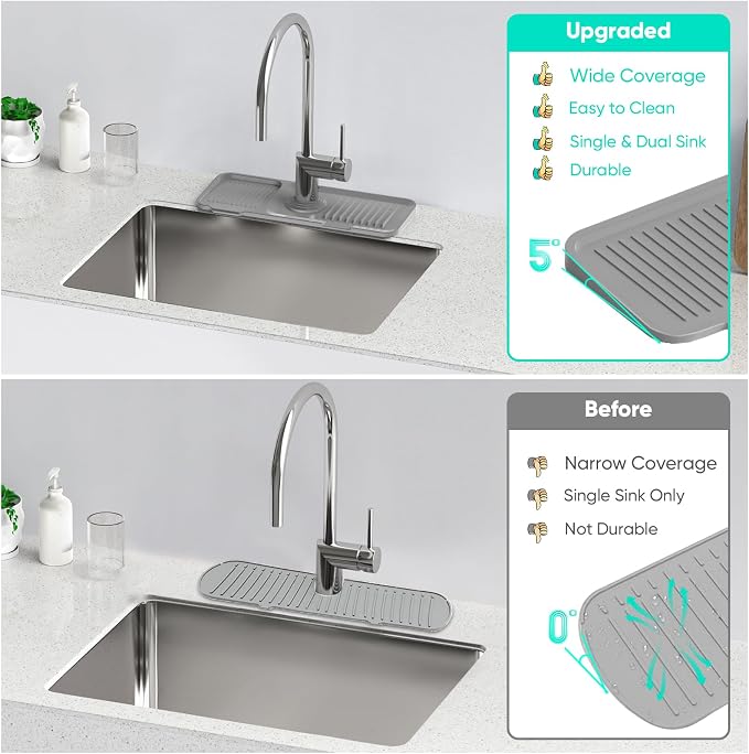 14.6'' Faucet Mat for Kitchen Sink [5°Slope Fast Self-draining] Kitchen Sink Splash Guard Silicone Kitchen Sink Faucet Mat Splash Guard for Kitchen Sink Area Tidy Splash Faucet Guard Draining Mat - Image 8