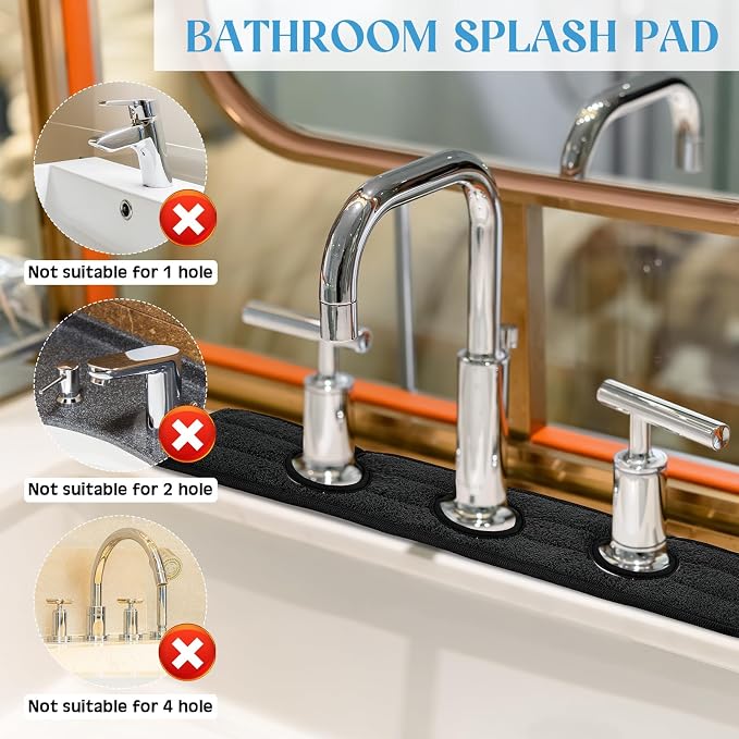 Teenyyou 2 Pcs Faucet Mat for Kitchen Sink Splash Guard for Kitchen Sink Faucet Dish Drying Mat for Bathroom Sponge Holder(Black,3 Round Holes) - Image 3
