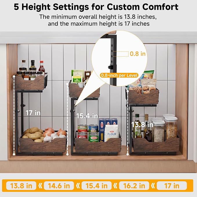 Pull Out Cabinet Organizer 2 Tier Metal Under Sink Organier | Shelf 5 Adjustable Height, Wood Handle, Anti Topple Over, Sturdy Slide out Storage Rack for Bathroom Kitchen Home Pantry - Image 4