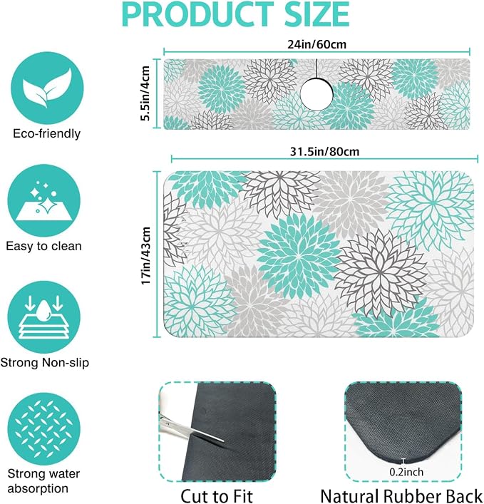 Dish Drying Mat for Kitchen Counter Matt, 2PCS 31.5"x17" Dish Drainer Mat & 24"x5.5" Sink Splash Guard, Super Absorbent Non-slip Rubber Backed - Image 2