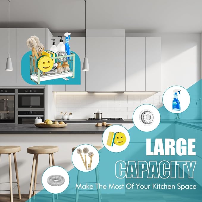 Sponge Holder for Kitchen Sink with Flexible Smiley Face, 2 Tier Kitchen Sink Organizer, Countertop and Storage Essentials, Soap Dispenser Organizer, Home Decor Accessories - Green - Image 5