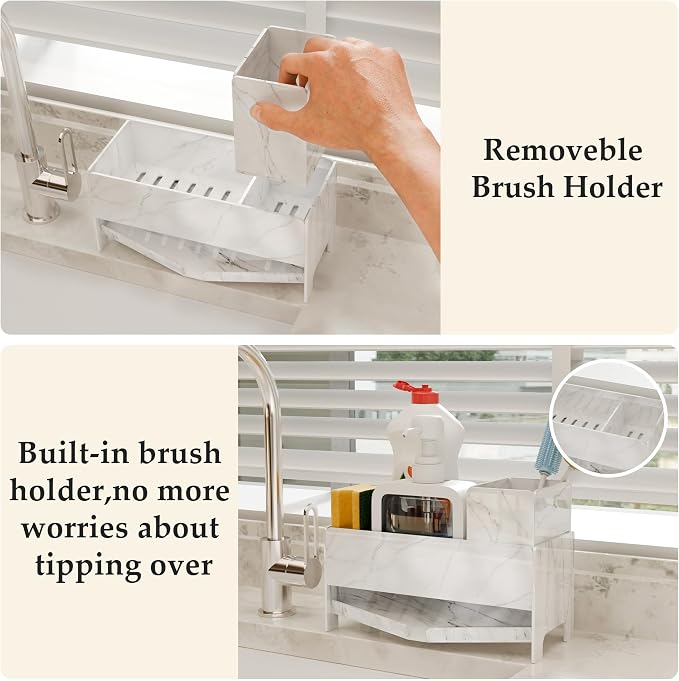 TIDIIABODE Sink Caddy Organizer for Kitchen Counter - White Marble Acrylic Sponge & Soap Bar Holder with Brush Slot, 9.2" Wide Countertop Storage Rack, Self-Draining, Rustproof - Image 3
