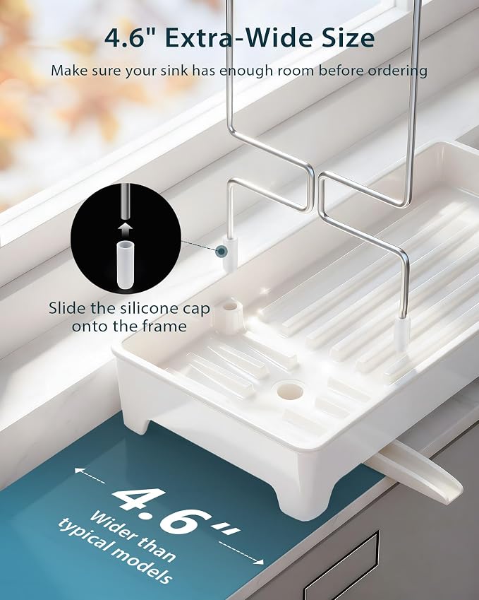 Minimalist Sink Caddy, Rustproof Sponge Holder for Kitchen Sink White | Large Rustproof countertop organizer with 304 stainless steel brush holder, raised ridges and silicone drain tube - Image 4