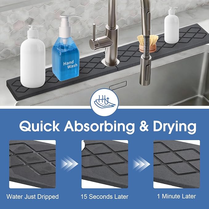 Stone Faucet Mat for Kitchen Sink, Quick-Dry Non-Slip Drying Tray, Diatomite Drying Stone Mat Sink Protectors, Prevent Moisture for Kitchen Bathroom Counter, Matte black, 23.6" x 4" - Image 5